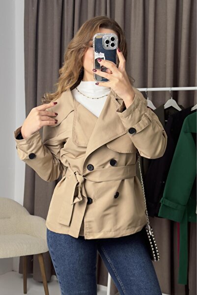 Raneel Kazançlı Alışveriş Lined Women's Short Belted Trench Coat Mink