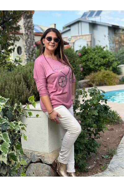 Punta Otantik Yg1095 V-Neck Bicycle Printed Italian Knitwear Blouse Dusty Rose