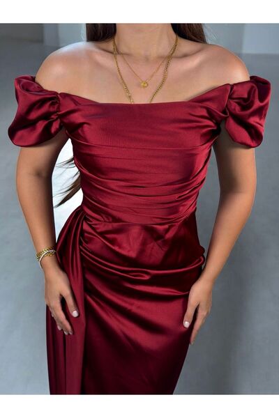 OLA Venis Balon Düşük Kollu Gizli Yırtmaçlı Saten Bordo Abiye Elbise