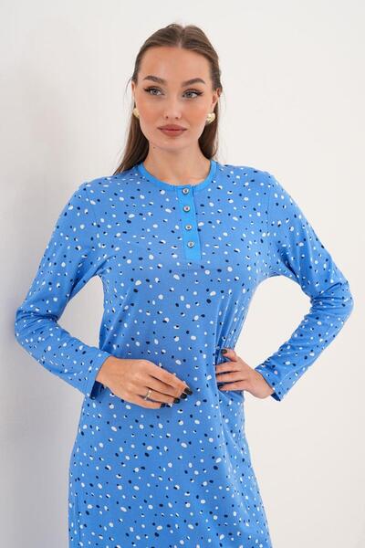 Çift Kaplan Kadın Pamuk Puantiyeli Mavi Gecelik 7039