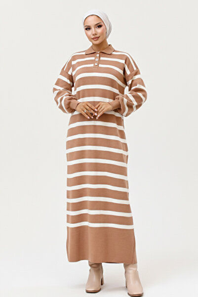 benguen Ριγέ πλεκτό φόρεμα με λεπτομέρεια με κουμπιά στο λαιμό 11031-1 Mink