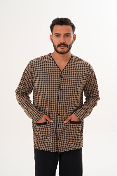 Çift Kaplan Erkek Yıldızlı Önden Düğmeli Kahverengi Pijama Takımı 8034