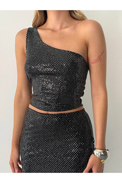 KECHİ WOMAN Taşlı Simli Tek Omuz Crop