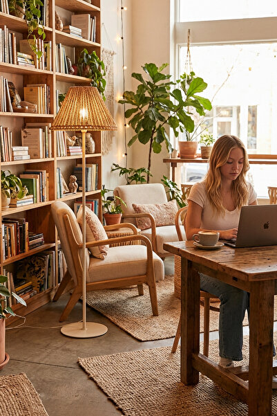 Marrien Mono Krem Metal Ayaklı Doğal İp Başlıklı Lambader - 145cm Bohem Rustik Salon ve Köşe Aydınlatması