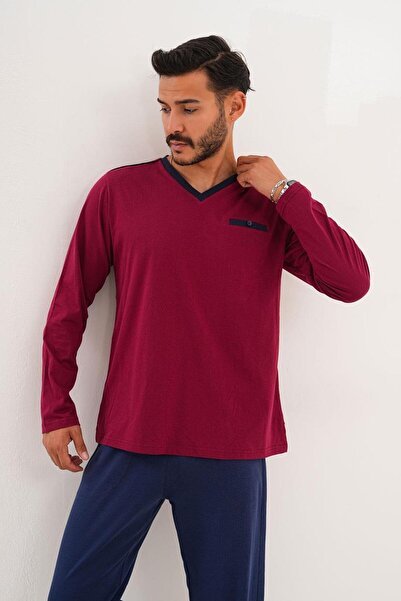 Çift Kaplan Erkek Düz V Yaka Bordo Pijama Takımı 8001