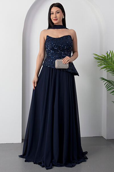 PULLIMM Rochie de seară din șifon, fără bretele, cu paiete, ECR5701