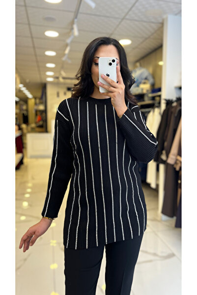 Vosse Tığ Triko Siyah Taş İşlemeli Fitillli Tunik