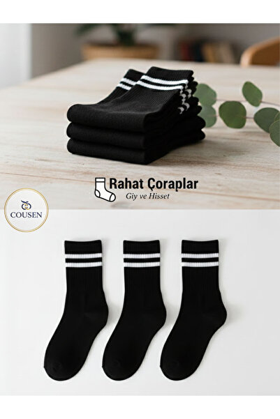 Cousen 3 Çift Siyah Unisex Tenis Kolej Çorap Trend Rahat Pamuklu