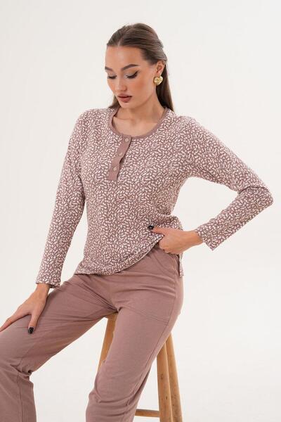 Çift Kaplan Kadın Pamuk Minimal Desen Patlı Toprak Pijama Takımı 7040