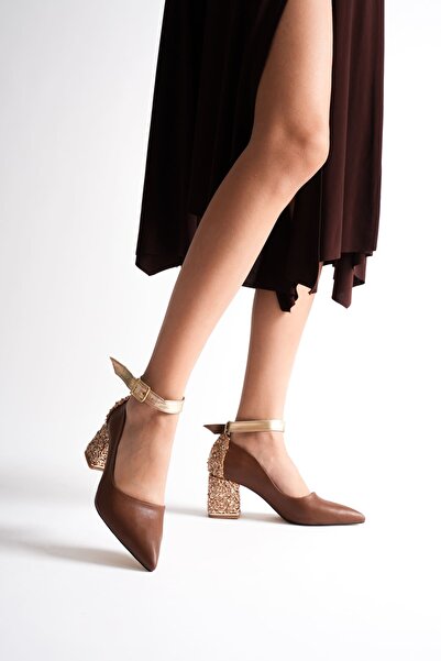 MARCHEO Estelle Women's Tan Gold Thick Heeled Shoes