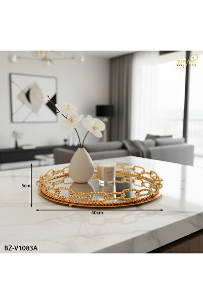 Hinora Burgu Zincir Model Yuvarlak Aynalı Şık Dekor Tepsi 40x40x5cm