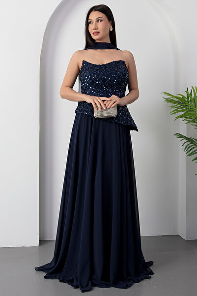 PULLIMM Rochie de seară din șifon, fără bretele, cu paiete, ECR5701