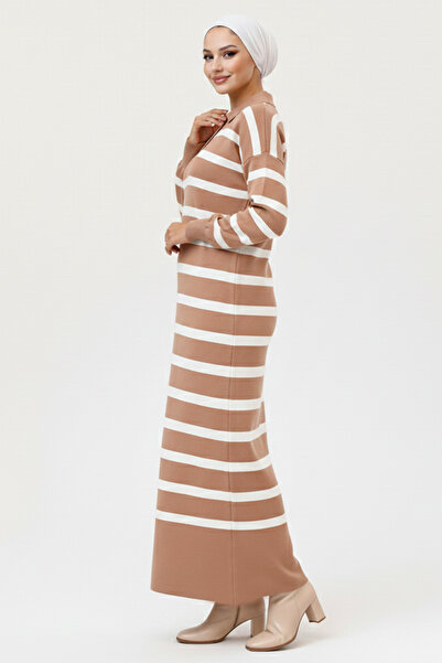 benguen Ριγέ πλεκτό φόρεμα με λεπτομέρεια με κουμπιά στο λαιμό 11031-1 Mink