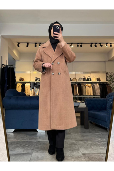 Zühre Women's Double-Breasted Collar Pocket Detailed Cashmere Brown Coat 13300