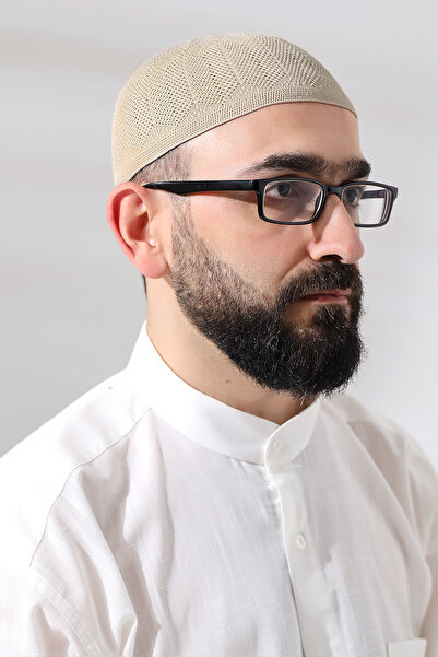 ihvan online Dark Cream Sapphire Lace Detailed Knitted Prayer Cap