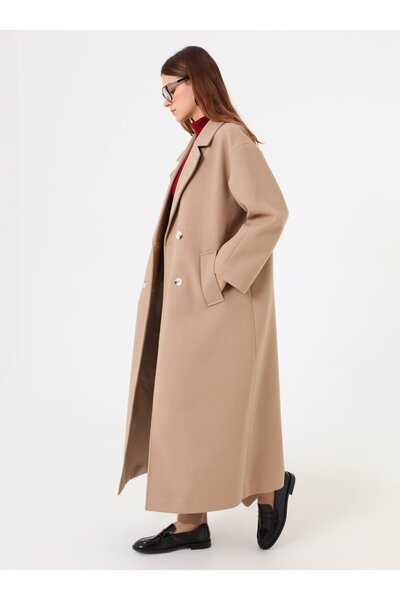 Refka Double-Breasted Off-Shoulder Long Basic Coat with Closure Detail - Beige -