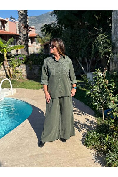 Punta Otantik Nc25446 Italian Velvet Sequin Pants Blouse Set Green