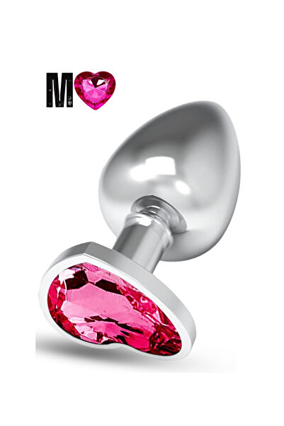 Paslanmaz Çelik Pembe Kalpli Mücevher Taşlı Pürüzsüz Silver Metal Anal Butt Plug - Orta Boy
