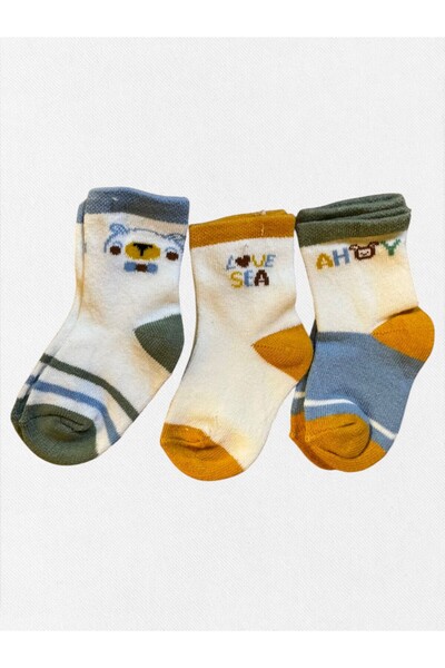 Fil Kids Erkek Bebek Kışlık Çorap Pamuklu Kumaş 3'Lü Beyaz Ayıcık Love Sea De...