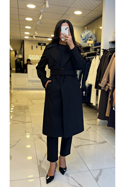 Vosse Ekol Siyah Beli Kuşaklı Kaşe Kaban