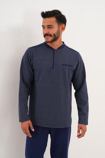Çift Kaplan Erkek Küçük Kareli Patlı Lacivert Pijama Takımı 8012