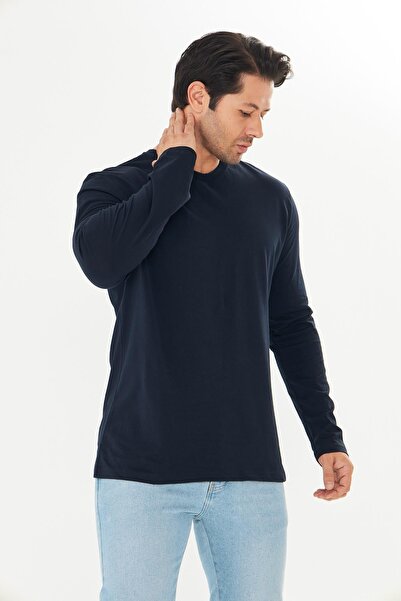 TRENDHİLL Men's Cotton V-Neck Long Sleeve T-Shirt Navy Blue 5021-L