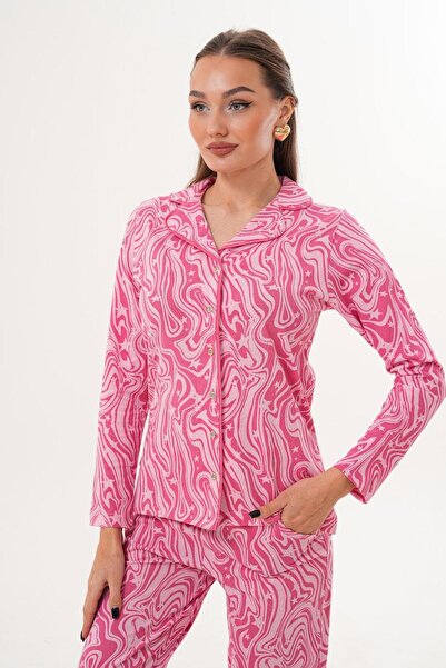 Çift Kaplan Kadın Pamuk Gömlek Yaka Önden Düğmeli Pembe Pijama Takımı 7023
