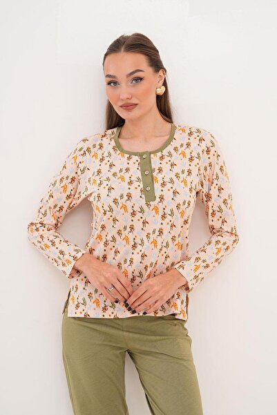 Çift Kaplan Kadın Pamuk Zeytin Dalı Desenli Patili Yeşil Pijama Takımı 7029