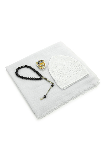 ihvan online Bag with Flared Scarf, Zikirmatik Prayer Beads, Skullcap, Mevlüt Gift Set, White