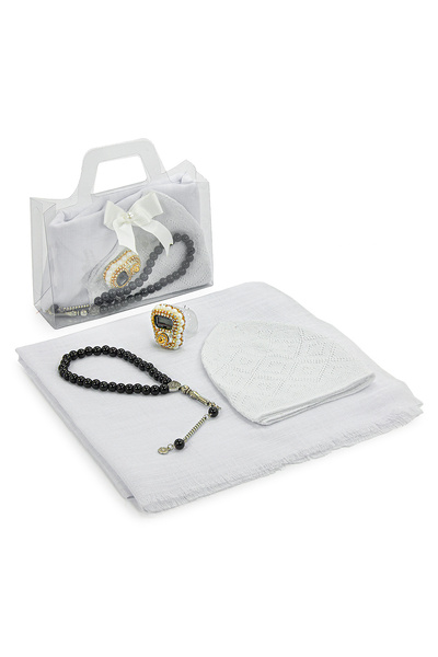 ihvan online Bag with Flared Scarf, Zikirmatik Prayer Beads, Skullcap, Mevlüt Gift Set, White