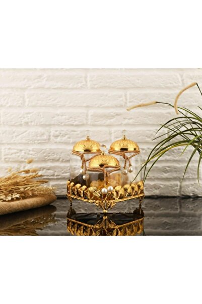 Leila 3’lü Altın Kapaklı Söz Kavanozu Seti – Çay-Kahve-Şeker Sunum Seti