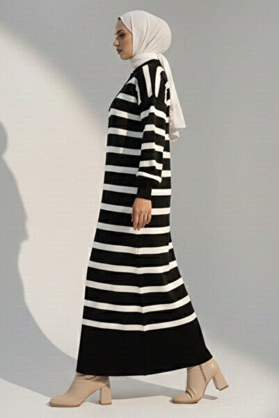 benguen Ριγέ πλεκτό φόρεμα με λεπτομέρεια με κουμπιά στο λαιμό 11031-1 Μαύρο