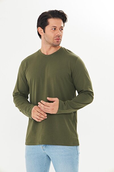 TRENDHİLL Men's Cotton V-Neck Long Sleeve T-Shirt Khaki 5021-H