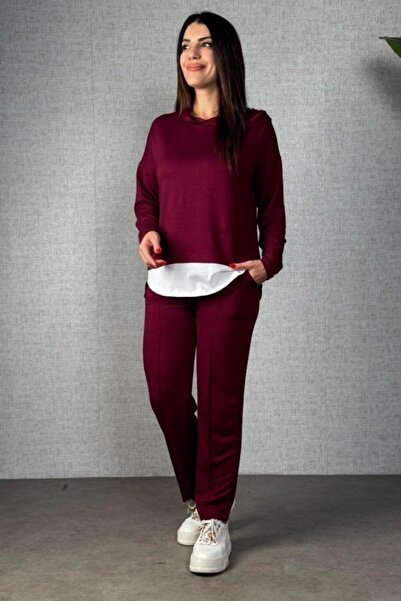 Mossta Modern Viscose Two Thread Fabric Comfortable Fit Casual Two Piece Set - Burgundy