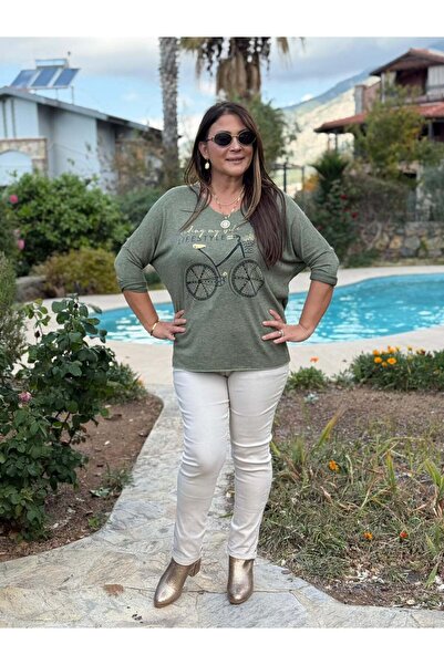 Punta Otantik Yg1095 V-Neck Bicycle Printed Italian Knitwear Blouse Khaki