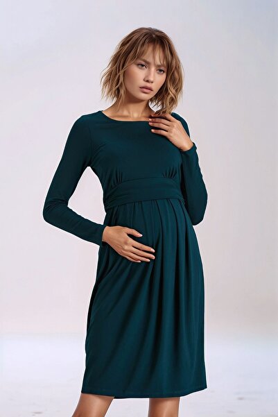 MAMAYAGA Women's Crew Neck Suitable for Hijab Long Sleeve Viscose Stylish Maternity Dress with Hidden Nursing Section