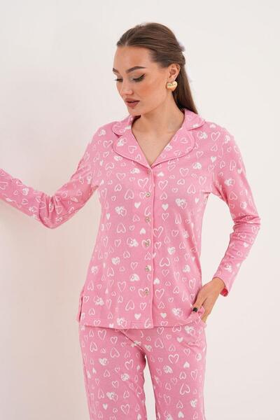 Çift Kaplan Kadın Pamuk Modal Kalpli Gömlek Yaka Önden DÜğmeli Pembe Pijama T...