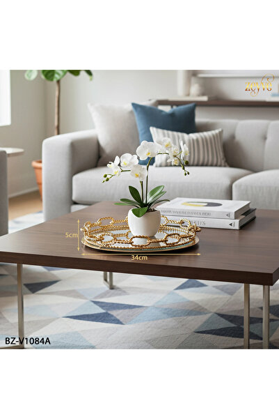 Hinora Burgu Zincir Model Yuvarlak Aynalı Şık Dekor Tepsi 34x34x5cm