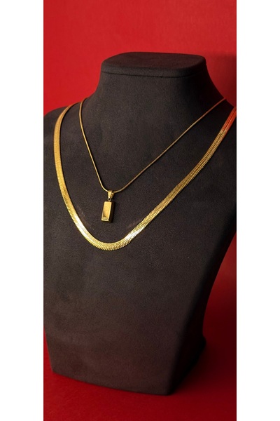 kamilasilver Balık Sırtı Kolye & Külçe Altın Uçlu Kolye 2’li Set – Çelik, Kar...