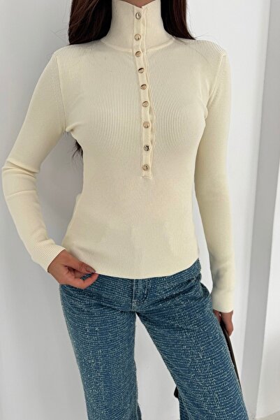 Noi Belis Premium İplik D Mock Neck Half Placket Button Knitwear Sweater Aw25Kz0116