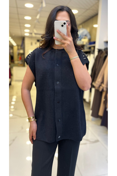 Vosse Tığ Triko Siyah Omzu Taş İşlemeli Triko Yelek