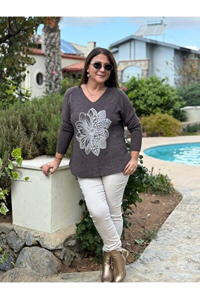 Punta Otantik Yg8024 Floral Patterned Stone Italian Knitwear Blouse Brown