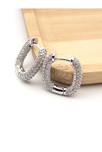 Siya Silver Özel Seri Zirkon Taşlı Dikdörtgen Çelik Küpe - 1,7 cm