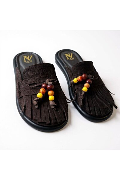 NE&VE SHOES Brown Suede Genuine Leather Beaded Women's Saba Slippers