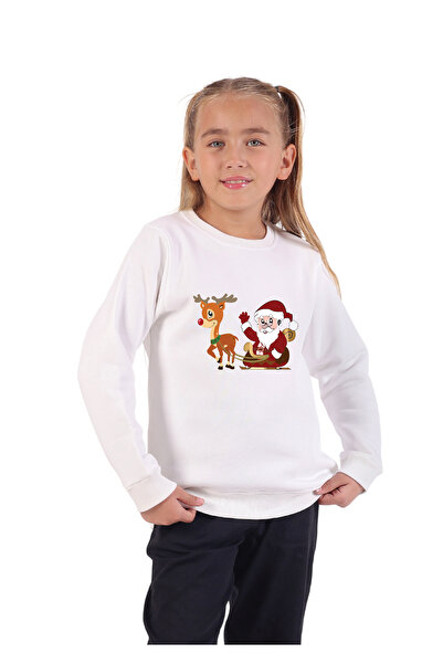 Rekormoda Christmas Printed Sweatshirt Girls-Boys Children's Christmas Themed Crew Neck 3-Thread Fleece-Lined 5-10 Years Old Ecru