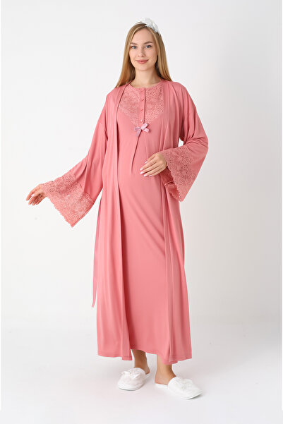 ERDENİZ TEKSTİL Lace Sleeve Maternity Nightgown and Robe Set Viscose Cotton - Pomegranate Flower and Mink