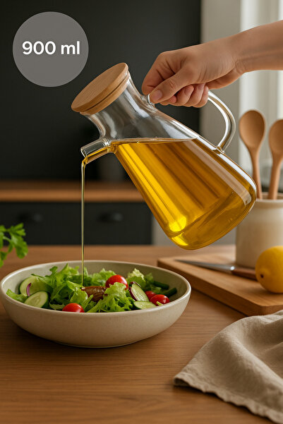 Nesto Home زجاجة زيت زيتون زجاجية سعة 900 مل بغطاء خشبي - زجاجة زيت زيتون مان...