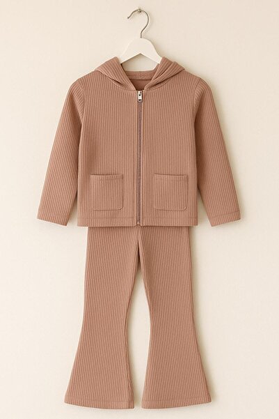 RAPAPA Girl's Dusty Rose Ribbed Tracksuit Set – Hooded Zippered Top and Relaxed Fit Bottom 6009