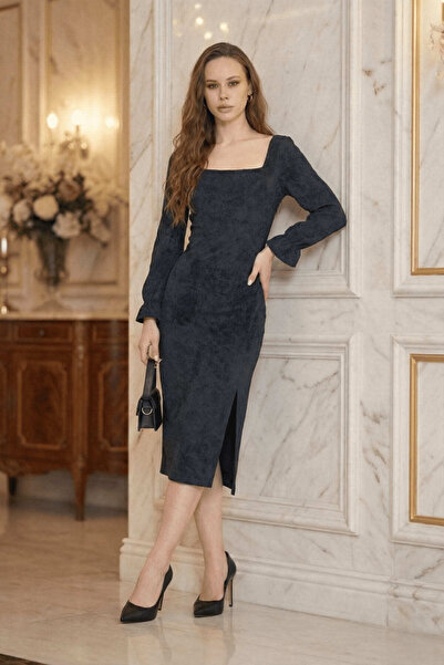 Avones Women's Square Neck Tie-Dye Pattern Sleeve Gathered Single Slit Midi Length Dress -Black