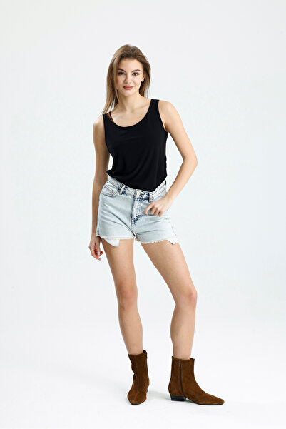 schlank Bluză neagră pentru femei, cu mâneci zero, cu guler la piscină, din ț...